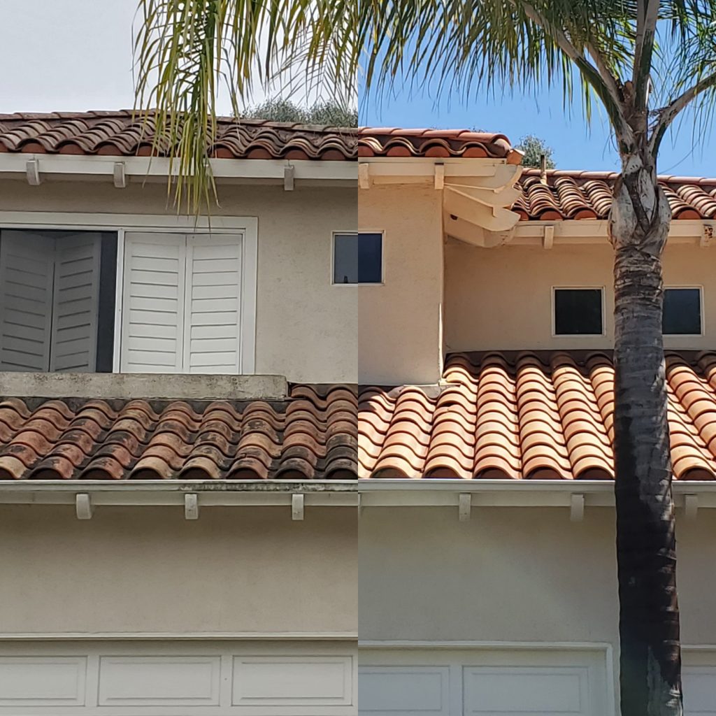 Before and after tile roof cleaning by North Coast Exteriors