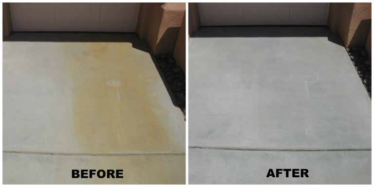 Before and after battery acid stain removal from concrete driveway in Oceanside CA