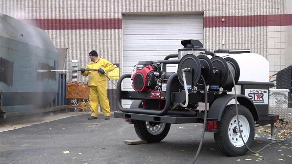 High-pressure cleaning service improving business curb appeal with commercial pressure washing