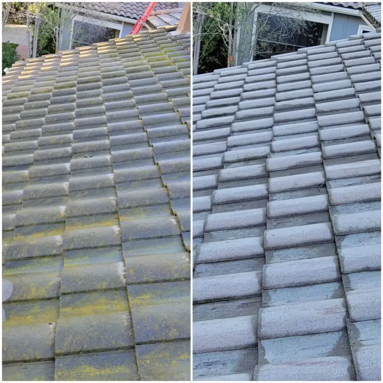Large tile roof before and after professional cleaning
