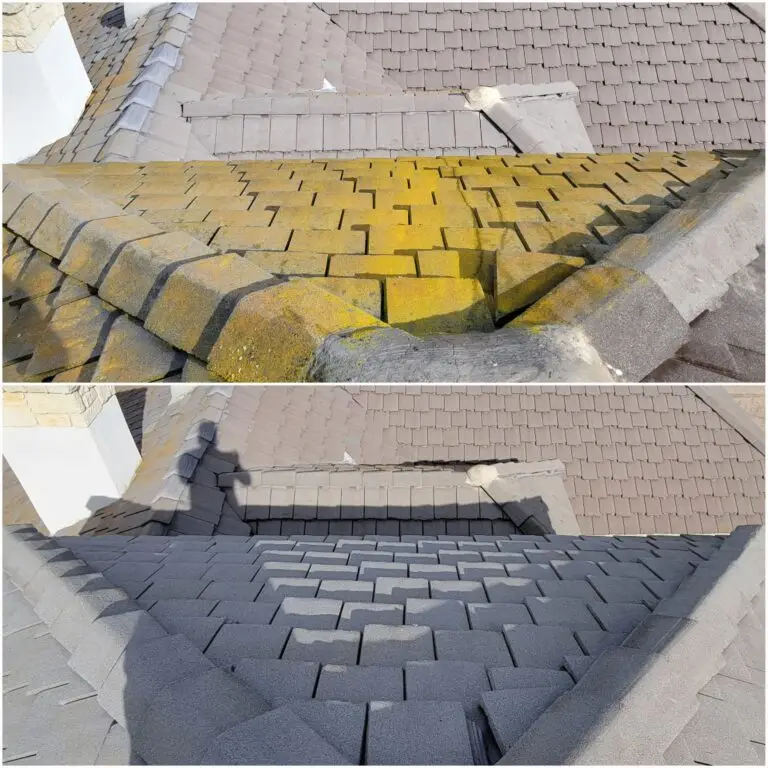 Clay tile roof cleaning before and after