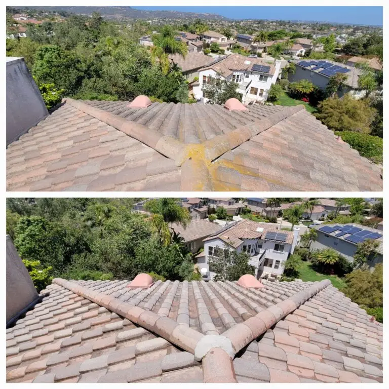 Concrete tile roof algae cleaning before and after