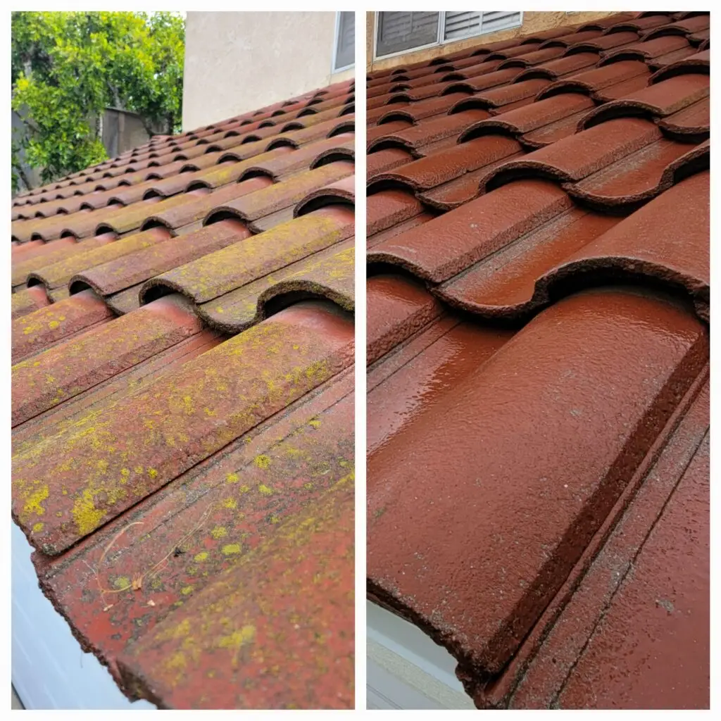 before and after concrete tile roof cleaning