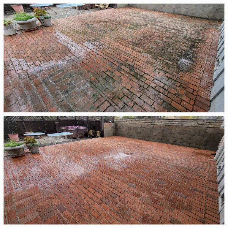 before and after of algae covered brick patio in Oceanside California