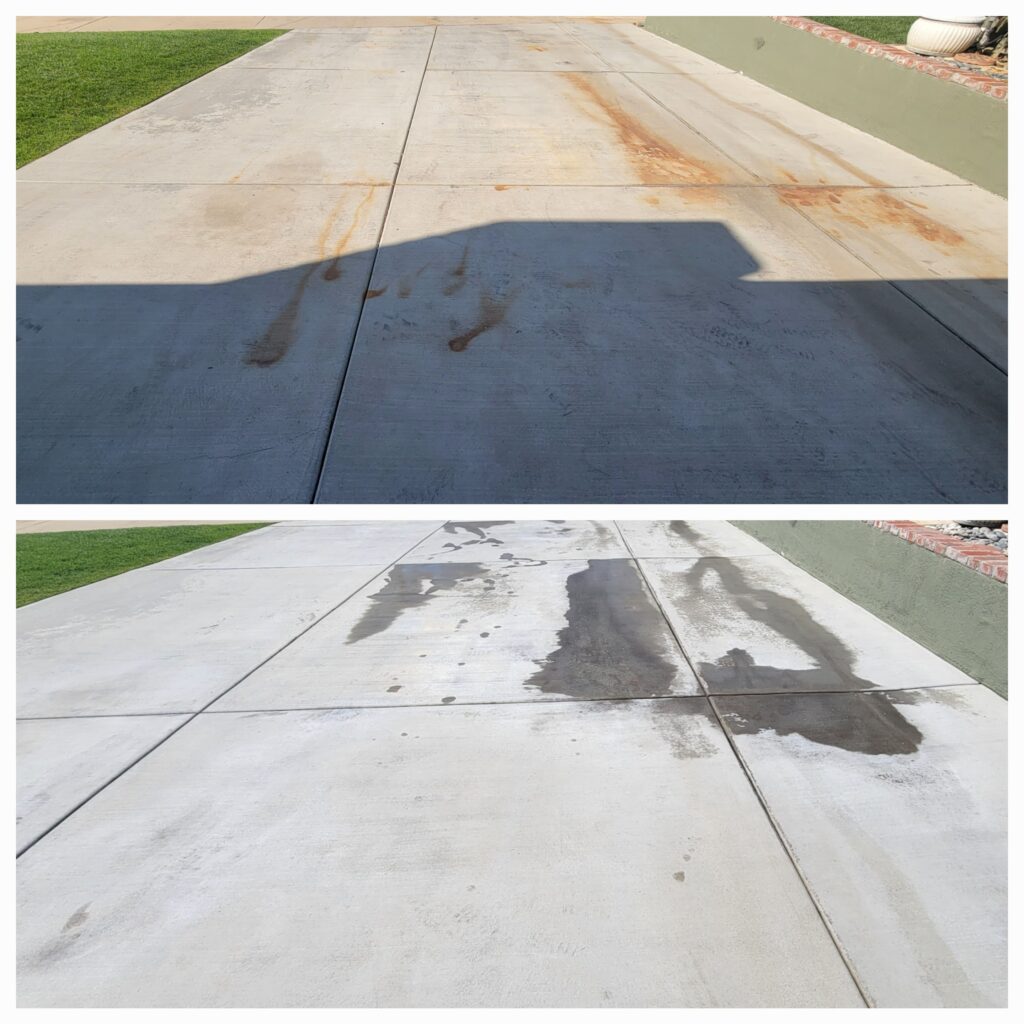 Rust stain removal on exterior concrete by North Coast Exteriors