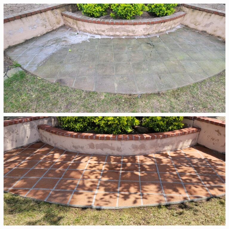 before and after of a dirty brick patio