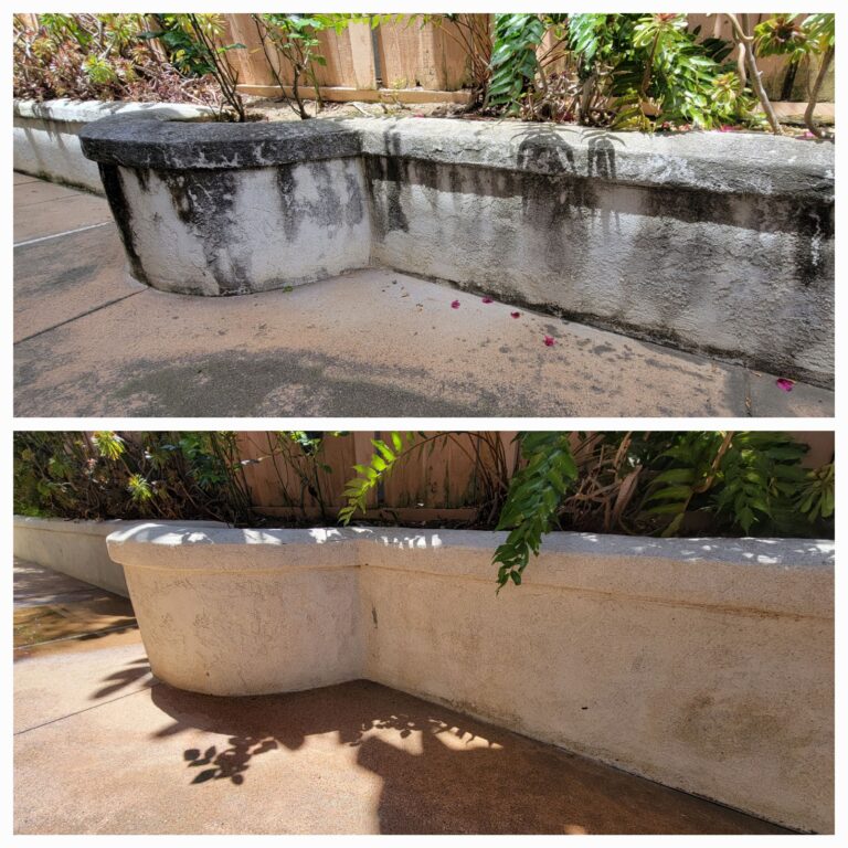 before and after image of a stucco retaining wall