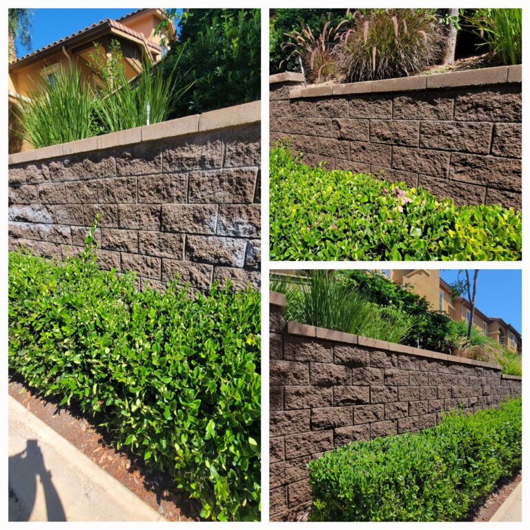 Before and after efflorescence stain removal from a retaining wall in San Diego