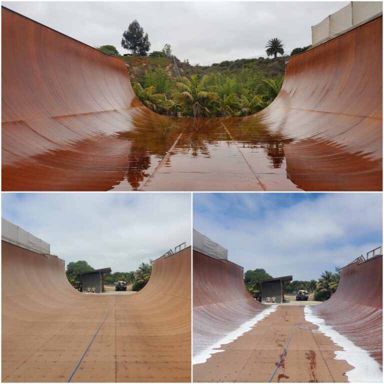 Before and after pressure washing a skateboard halfpipe ramp in San Diego