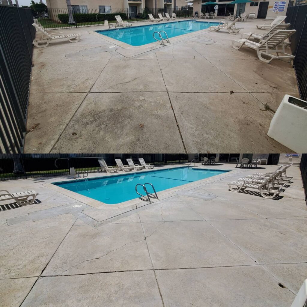 Before and after apartment pool deck cleaning in Carlsbad