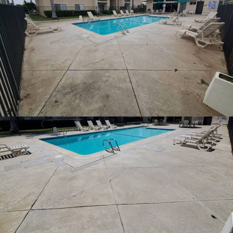 Before and after apartment pool deck cleaning in Carlsbad