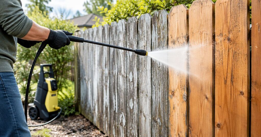 Can power washing remove paint from a fence?