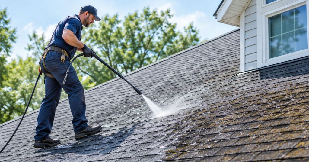 Can pressure washing damage roof shingles?
