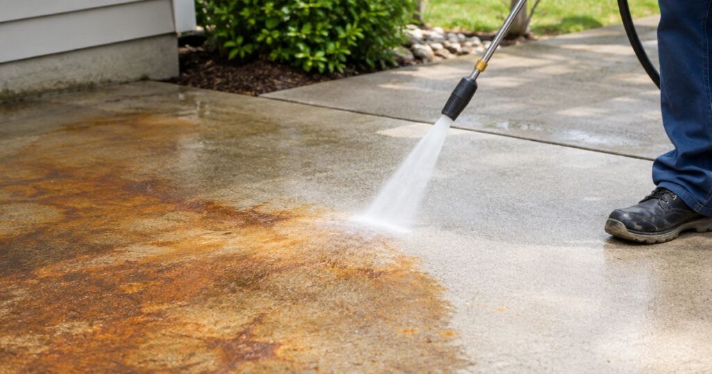 Does pressure washing remove rust stains from concrete?