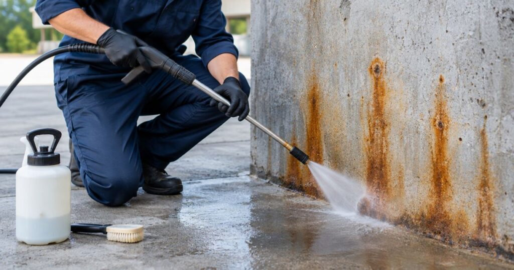 How do professionals remove rust stains without damaging concrete?
